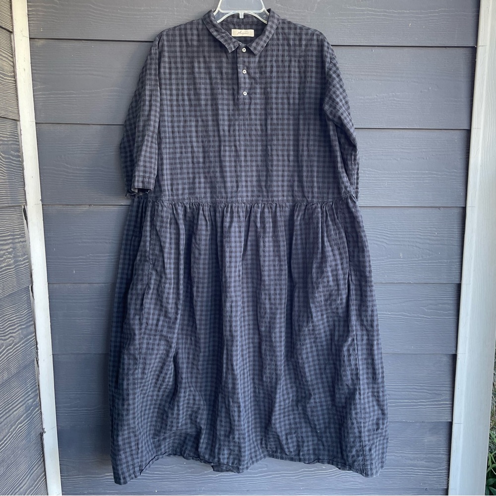 Ichi antiquities cotton/linen dress gingham dot collar button Japan school -1L